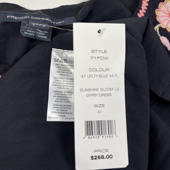 French Connection Sunshine Bloom Gypsy Dress 0 XS Blue Pink Floral Embroidered - Picture 4 of 16